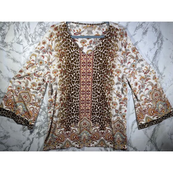Chicos Leopard & Floral Print 3/4 Sleeve Top Size 2 Polyester Spandex Blend Boho - Picture 1 of 8